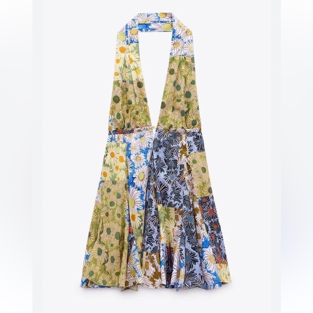 Zara Floral Halter Plunge Festival boho backless Vacation Cotton Summer Dress XL - Picture 4 of 4